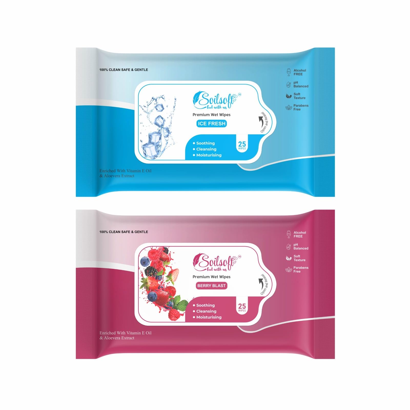 Soilsoft Ice Free Berry Fresh Wet Wipes 50 Sheets Soft Moisturizing Cleansing Tissue Wipes for Face Hands Body Makeup Removal Travel Daily Hygiene Use Pack (IC + BB)-image-36