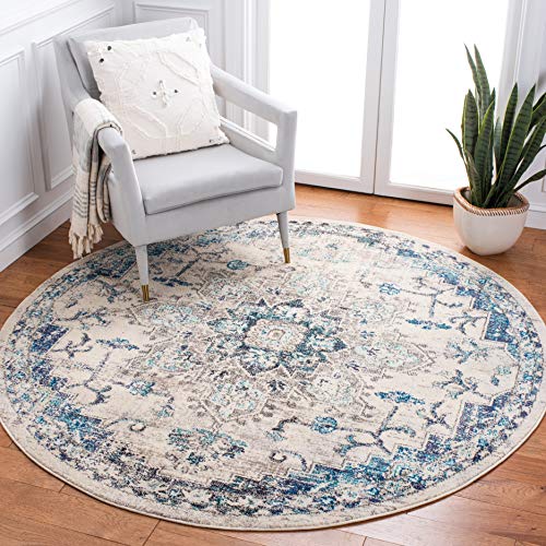 SAFAVIEH Madison Collection Area Rug - 6'7" Round, Ivory & Grey, Boho Chic Medallion Distressed Design, Non-Shedding & Easy Care, Ideal for High Traffic Areas in Living Room, Bedroom (MAD473C)