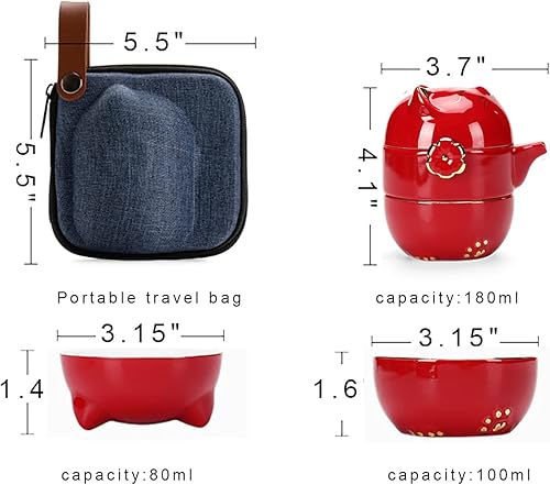 Vista 6 de Portable Ceramic Tea Cup Set: Lucky Cat Porcelain Teapot Set with Tea Strainer - Lids and 1 Shockproof Storage Case - Suitable for Travel - Outdoor