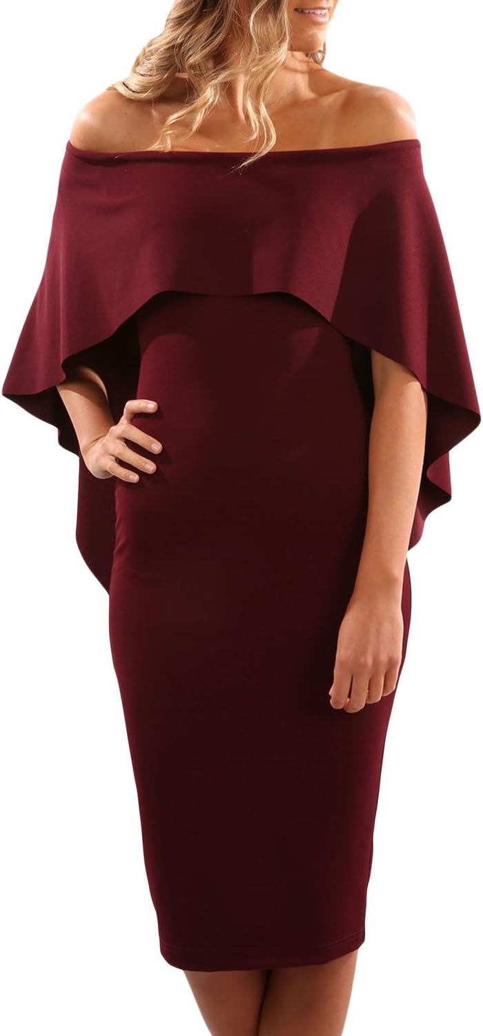 Elisan Woman Luxurious Off Shoulder Batwing Cape Pencil Midi Bodycon Dress