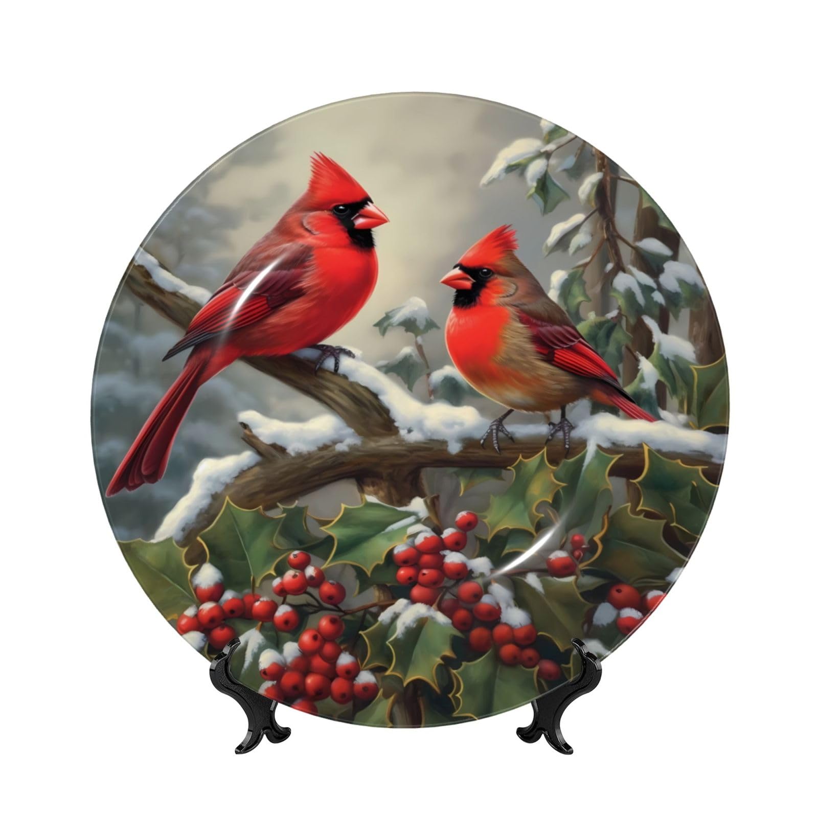 Winter Red Birds Decorative Porcelain Dish with Stand, Circle Decorative Plates for Table Snow Holly Berry Home Office Kitchen Wall Decor, 8in
