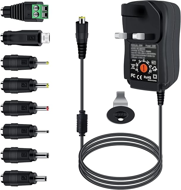 30W Universal Power Adapter, Dalugo 3V 4.5V 5V 6V 7.5V 9V 12V 2A AC/DC Switching Power Supply Charger with 8 Adaptor Tips for 3V-12V Household Electronics,Led Strip,Speakers,TV Box and More Devices