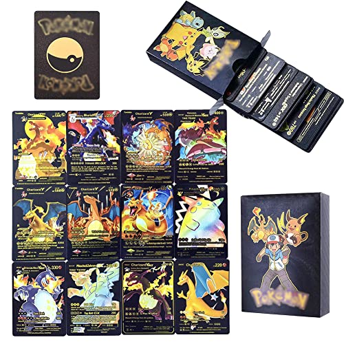 Amycute Gold Karten, 55 Stück Goldfolienkarten Sortierte Karten, Vmax Metal Gold Plated Card, TCG-Deck-Box Kinder,für Kinder Geburtstagsgeschenk, Nicht original Cover