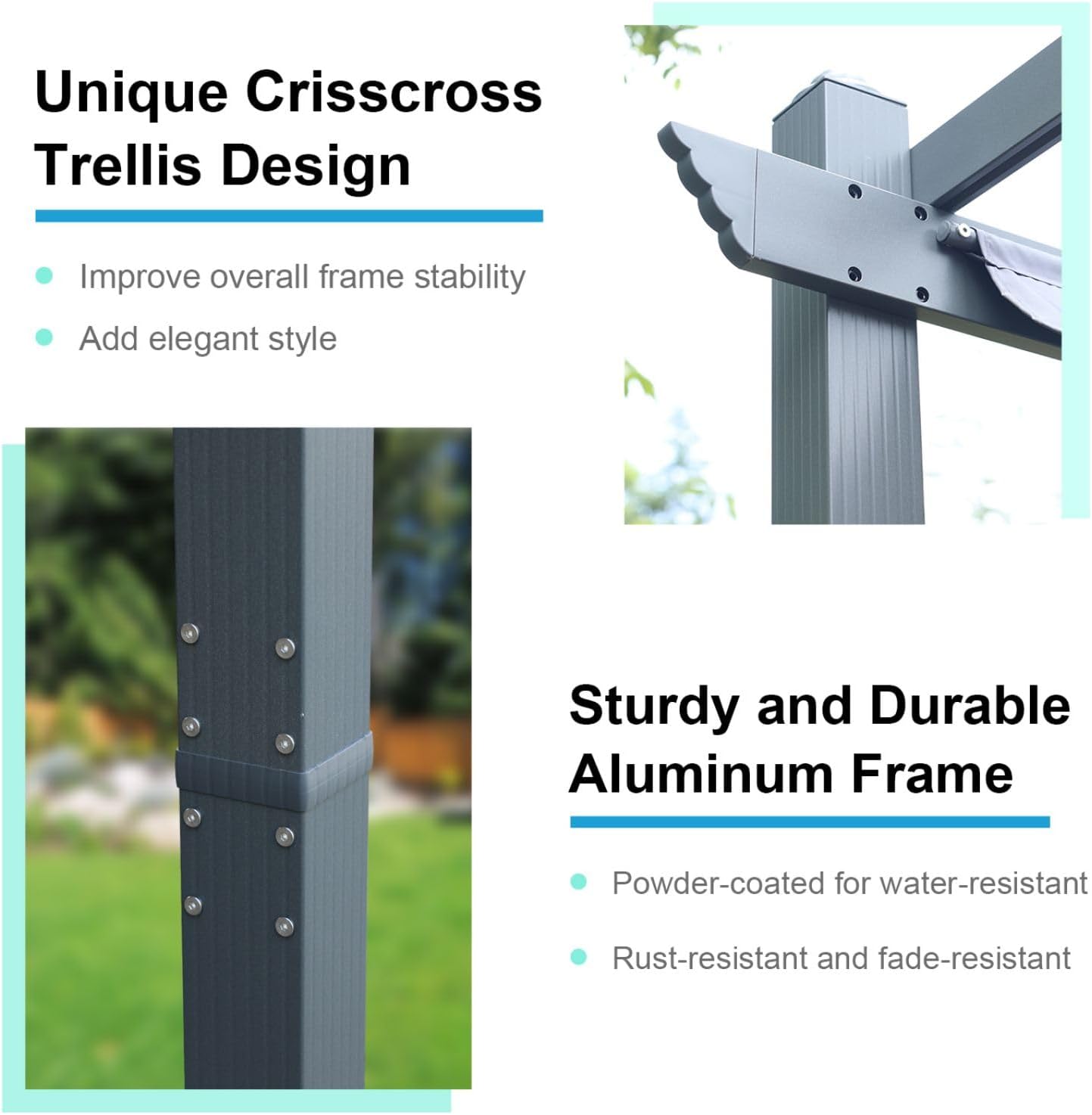 Close-up of the Aoodor pergola's aluminum frame connection
