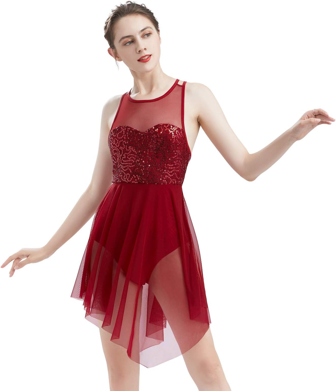 ODASDO Women Lyrical Dance Dress Modern Contemporary Dancewear Costume Sequins Tank Leotard Irregular Tulle Skirt