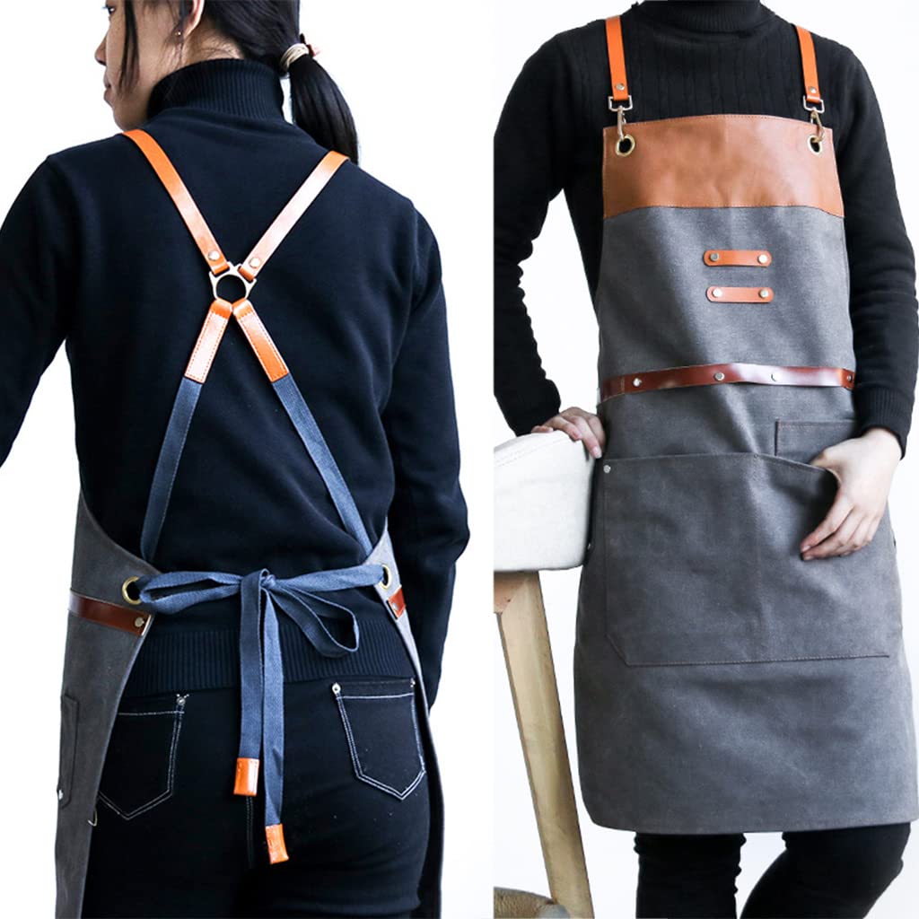 JzcsdkSIL Chef Apron Waterdrop Resistant Aprons With For Cross Back Adjustable Strap And Large Pockets, Red Brown