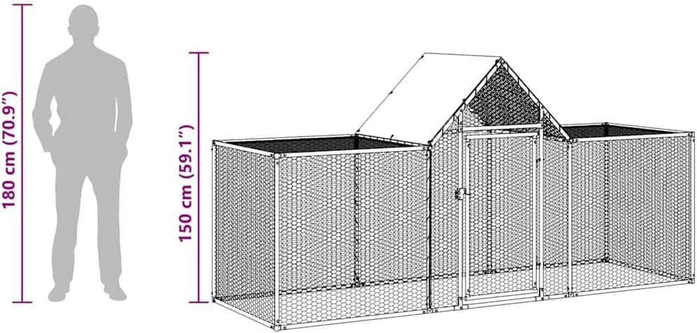 vidaXL Chicken Coop Hen House Animal Pet Duck Goose Carrier Cage Poultry Hutch Run Nest Outdoor Garden Backyard Farm 9.8' Galvanized Steel