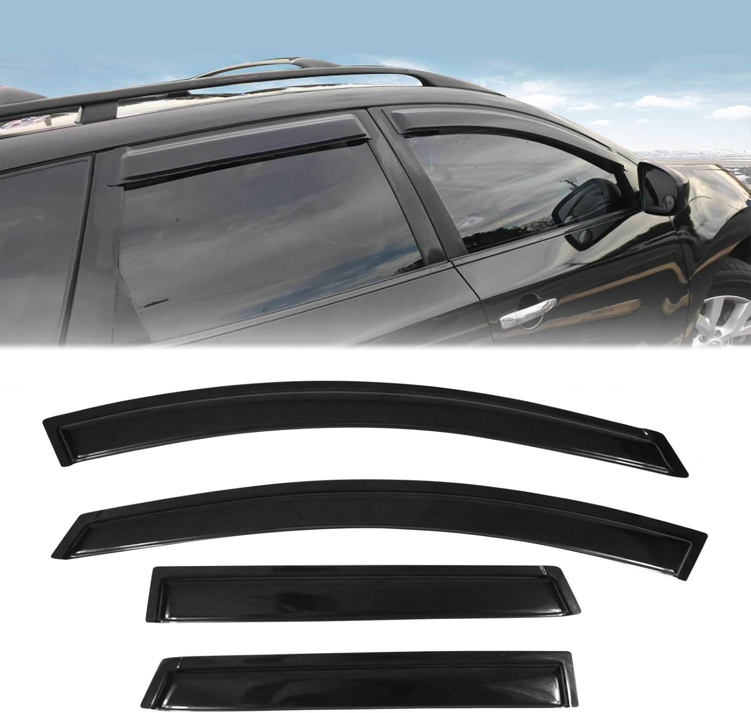 FREEMOTOR802 Tape-on Window Visors Sun Rain Guards, Fit for 2009-2014 Nissan Murano, Slim Style Smoke Tinted Acrylic 4 PCS Car Side Window Wind Deflectors Vent Visors