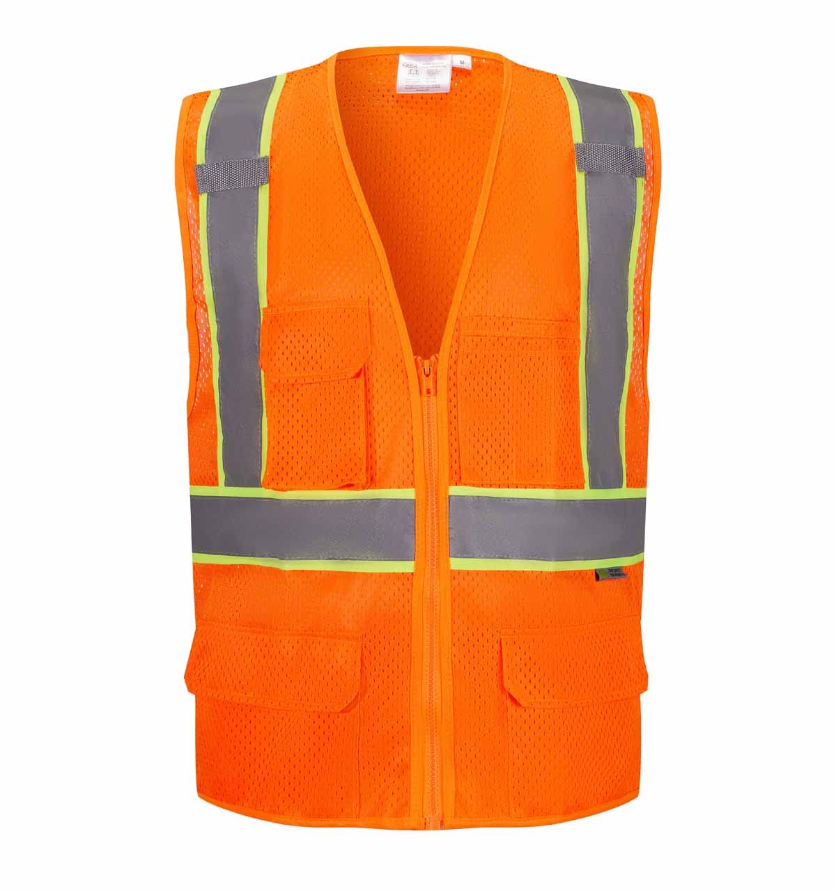 3C Products SV2600,ANSI/ISEA Class 2,High Visibility Mesh Vest,2” Reflective w/Yellow binding, Zipper,9 Pockets, Neon Orange,L