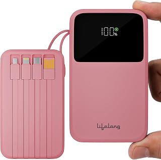 Lifelong Electronics 10000mAh 22.5W Fast Charging Power Bank | 3 Inputs (1 Built-in USB A Cable + 1 C + 1 Lightning Port) & 6 Outputs (3 Built-in Cables + 1 C + 2 A Port) | Small Pocket Size Powerbank