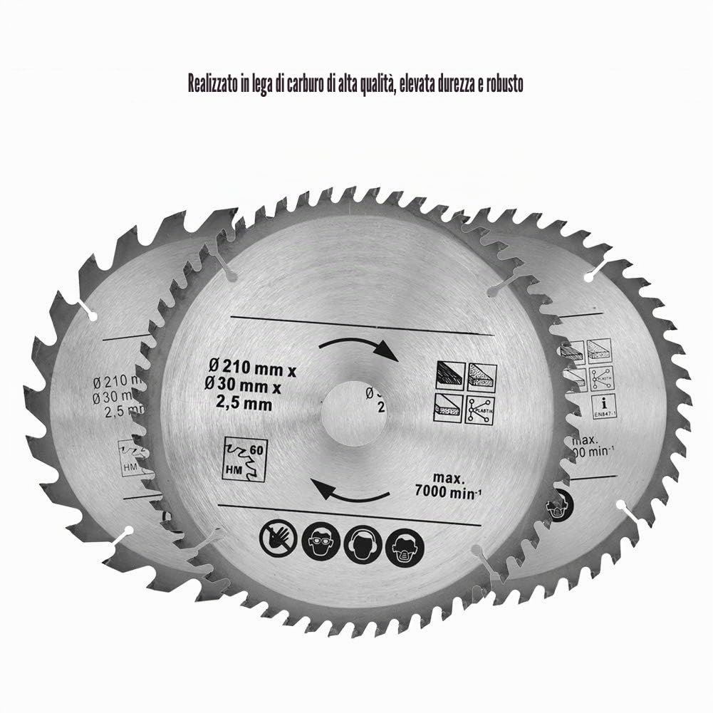 Estink Set 3 Lame Circolari TCT Professionali, Ø210mm 24T 48T 60T per Legno Duro e Morbido, Anelli Riduttori 16-25mm 7000 RPM