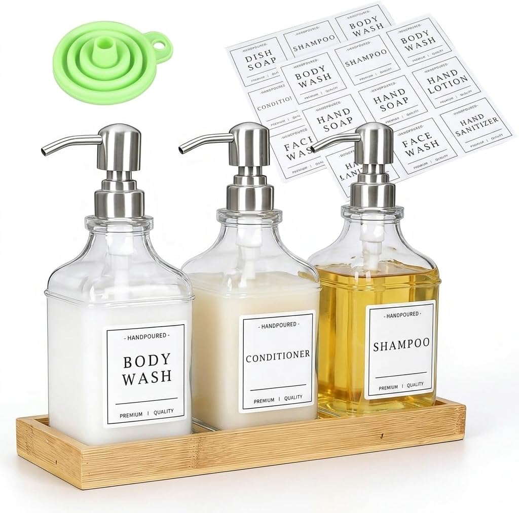 Glass Shampoo and Conditioner Dispenser,18.6oz 3-Shower Soap Bottles with Stainless Steel Pump,Tray,Funnel&Labels Set,Easy Refill Shampoo Body Wash Dispenser,Bathroom Shower Shampoo Dispenser Decor