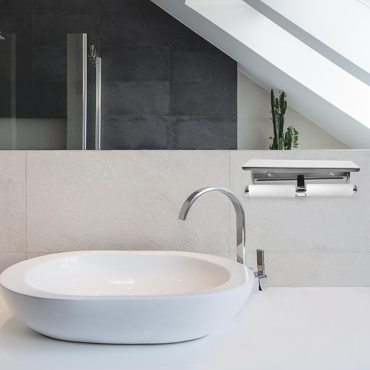 Stainless Steel Tissue Holder with Phone Storage Shelf, 304 Bathroom Paper Roll Dispenser Wall Mounted, Toilet Paper Holder for Hotels and Restrooms with Installation Accessories