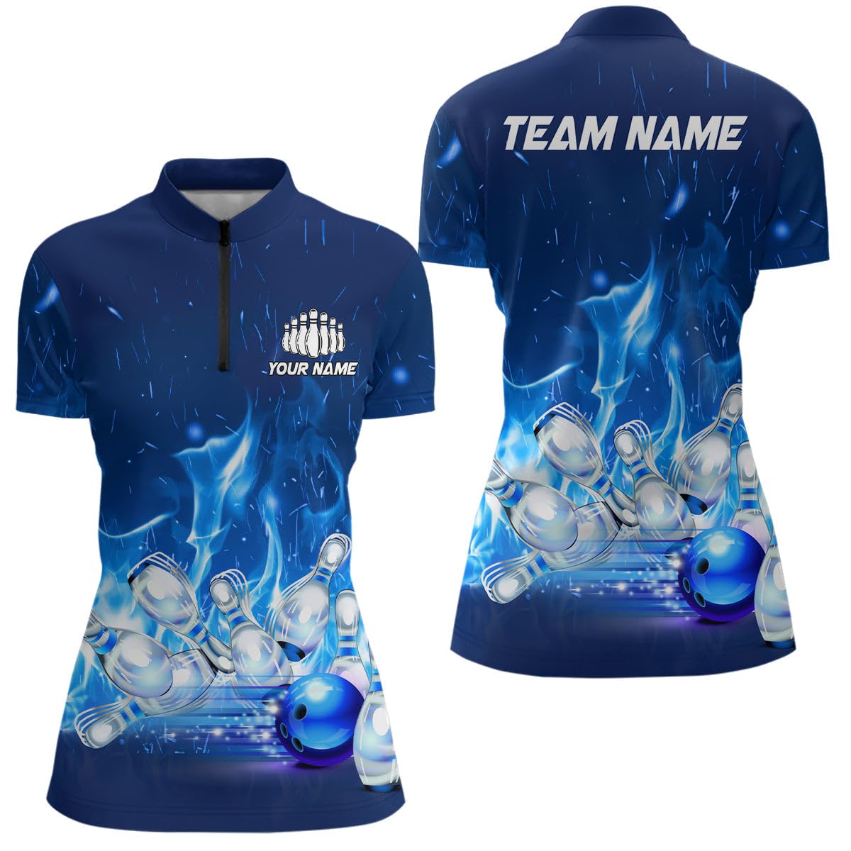 Personalisiertes Bowling Shirt für Herren & Damen, Blaues Flammen-Design, Bowling Team Trikot, Liga Outfit, Geschenk für Bowler I5493