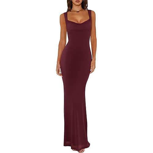 REORIA Women's Summer Cowl Neck Mesh Sleeveless Tank Dress Sexy Double Lined Bodycon Maxi Long Dresses