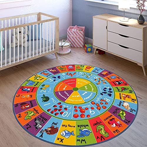 Hebe 4Ft Round Kids Abc Rug Alphabet Nursery Rug For Bedroom Playroom Non Slip Educational Playmat Round Circle Carpet For Classroom Infant Toddlers #TOP1