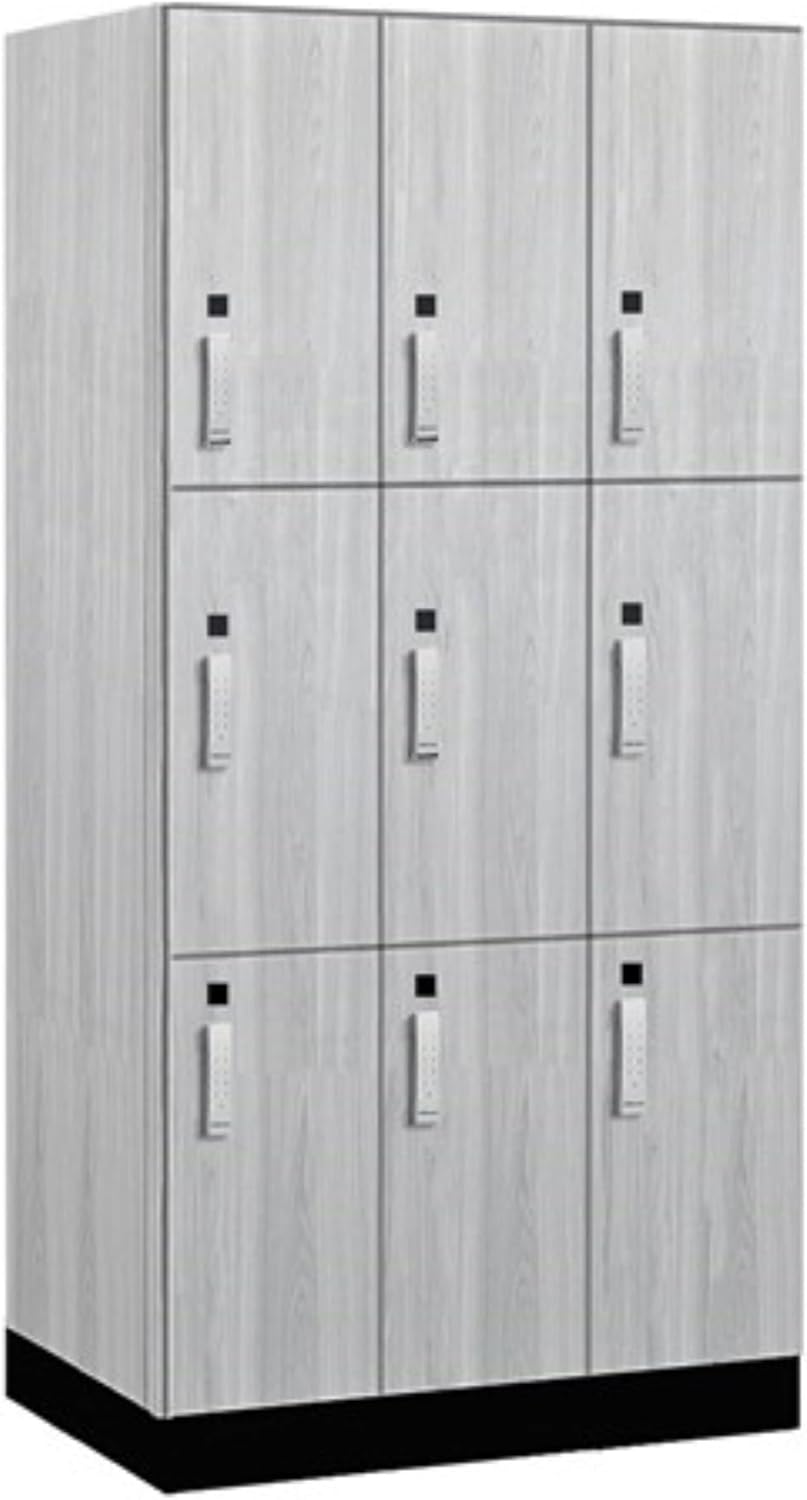 Salsbury 12" Wide Premier Wood Locker-Triple Tier-3 Wide-6 Feet High-21 Deep-Silver Teak-Silver Electronic Locks