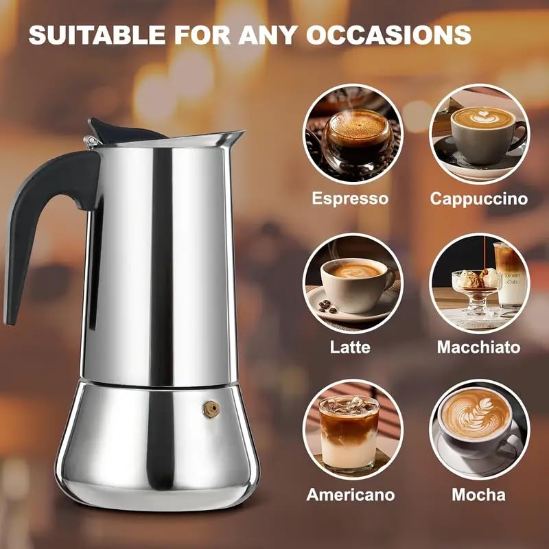 Image of Stovetop Espresso Maker Stainless Steel Moka Pot Espresso Maker Percolator Italian Coffee Maker Capable Mocha Coffee Machine Cafe Classic Maker for Home & Camping 360 ml (6 Cups)