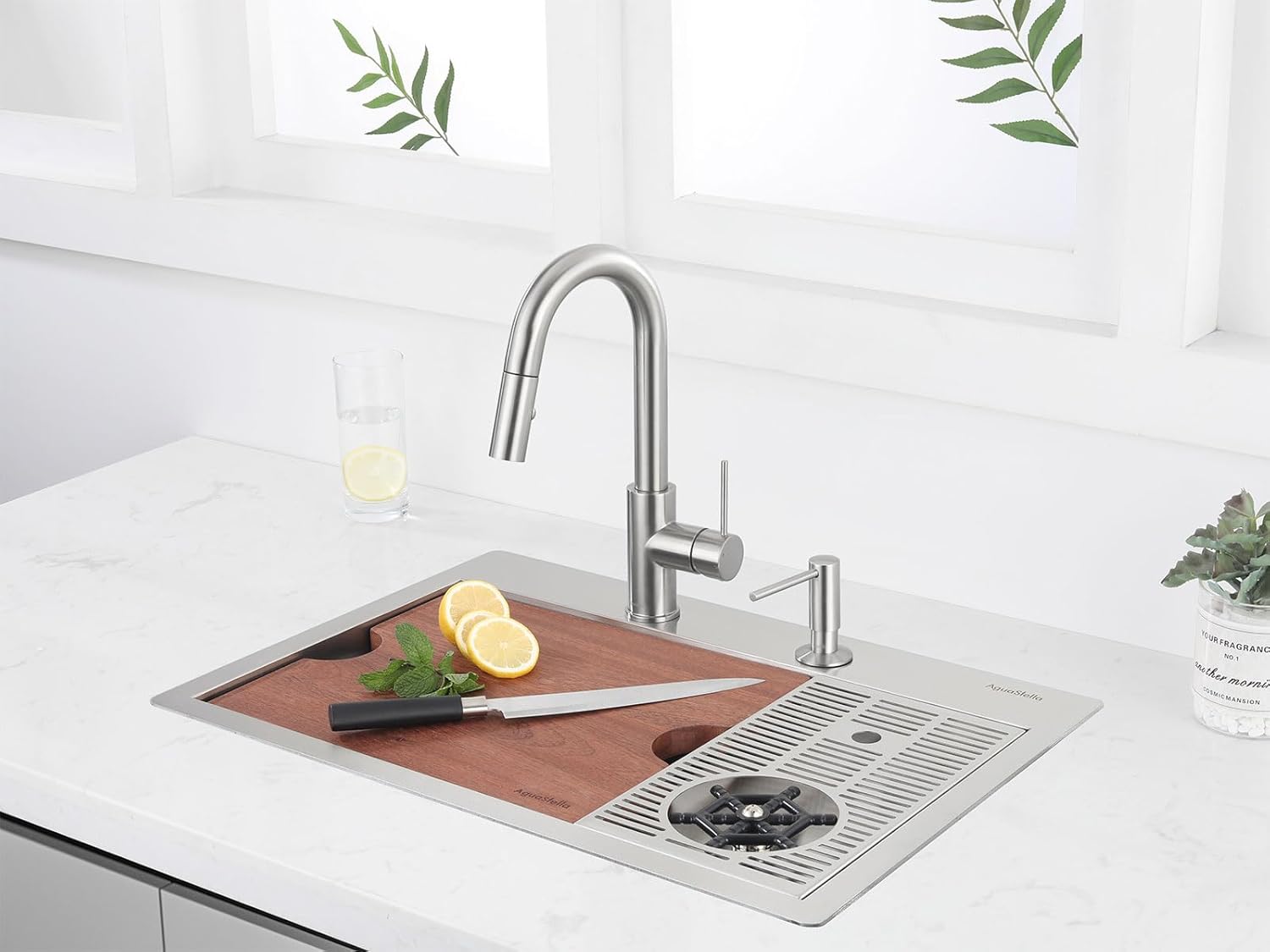 AguaStella AS15TXSS Drop in Bar Sink with Glass Rinser Stainless Steel Overmount Prep Kitchen Sink 23-1/4 Inches Single Bowl…