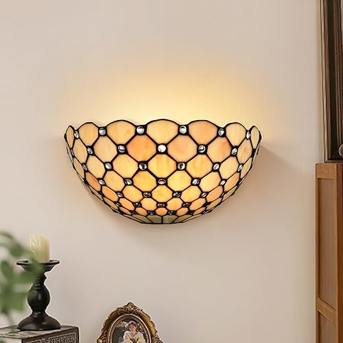 Tiffany - Aplique de pared negro antiguo y lámpara de tocador de arte, pantalla de cristal con cuentas de cristal para baño, dormitorio, pasillo,