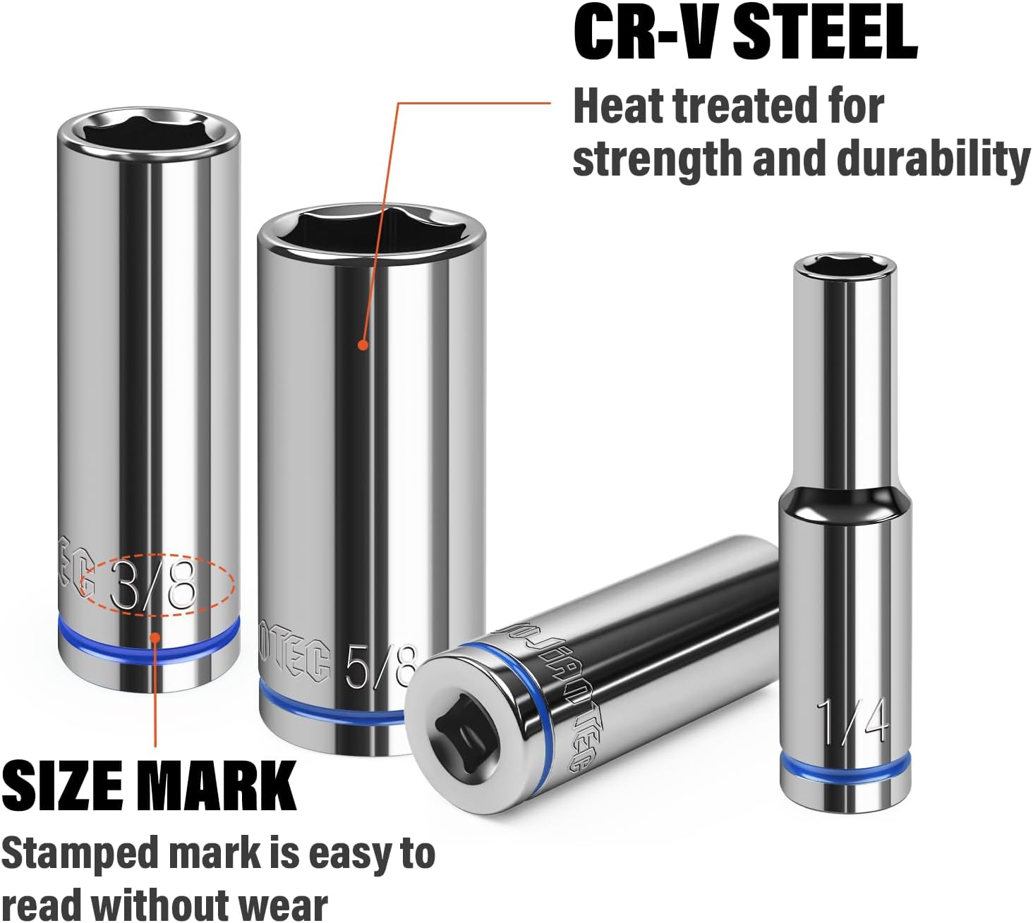 1/4" Drive SAE Master Socket Set, 13-Piece Deep Hex Socket Set (1/8" - 5/8"), Cover Most Commonly Sizes, 6 Point, Chrome Vanadium Steel with Molded Case