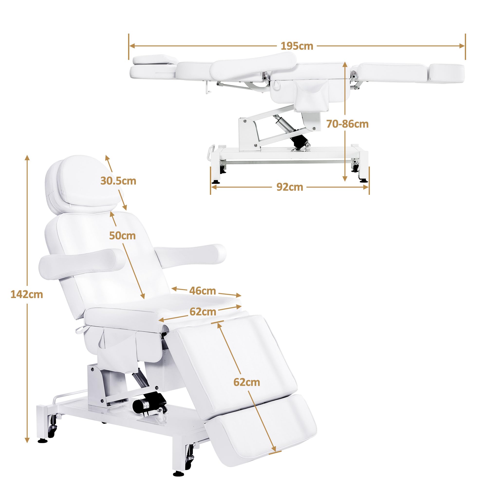 Barberpub Kosmetikliege Elektrisch mit 3 Motoren & Rollen, Massageliege Klappbar & 16CM Höhenverstellbar, 180°Drehbare Armlehnen, Tattoo Liege für SPA Salon 0754 (Weiß/Kunstleder)