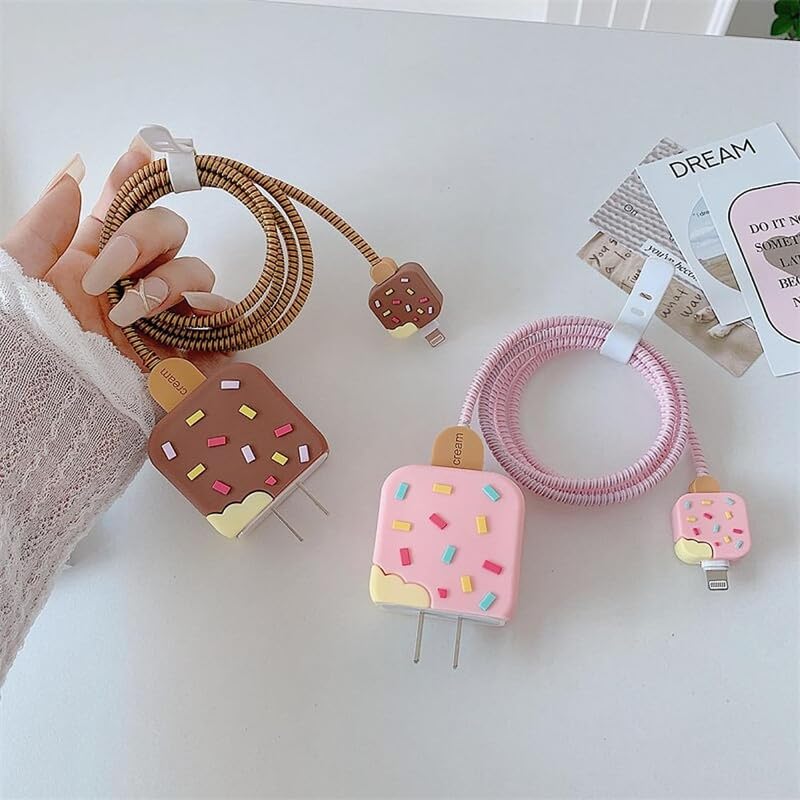 Image of DIVERTS Charger Case Cover 360 Degree Full Protection Cover Funny Cartoon Character Compatible for iPhone 18-20W Silicone Protective Charger Cover Cable Protector (Ice Chocolate Brown Design)