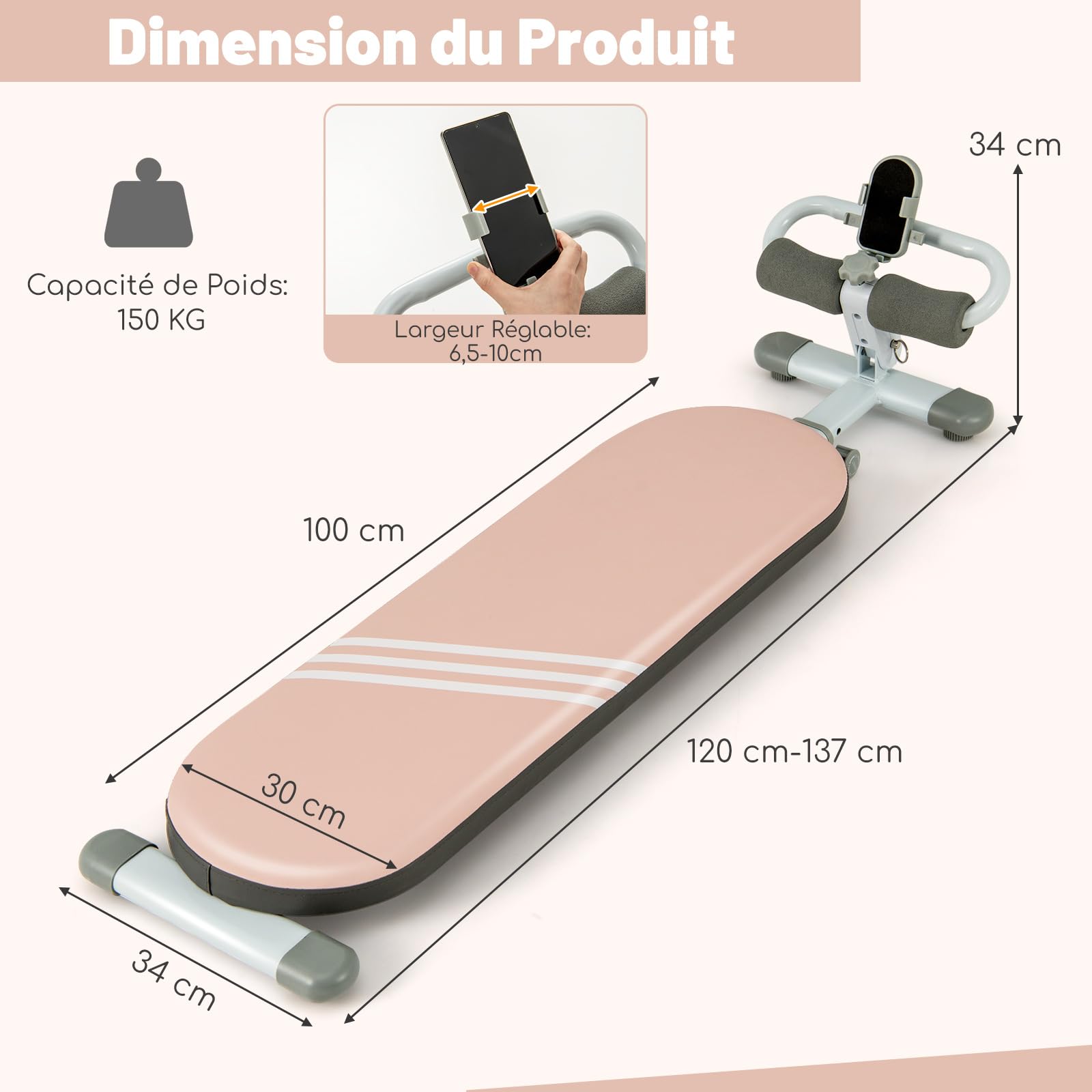 GYMAX Banc Musculation Plat pour Fitness, Longueur Régable 120-137 CM, Inclinaison Régable de Support des Pieds à 3 Niveaux, pour Entraînement des Abdominaux et des Jambes, avec Porte-Téléphone