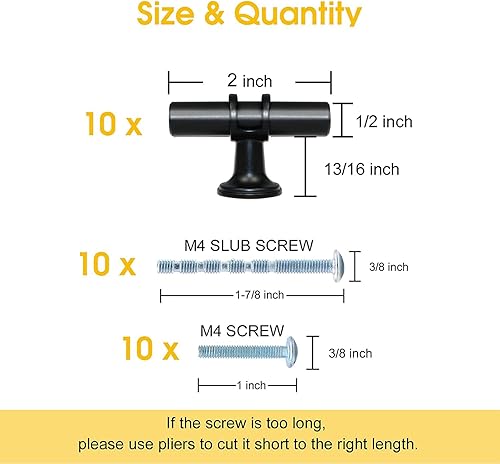 Miniatura 3 de LEIFENY Paquete de 10 tiradores en T de color negro mate, pomos de cajón de tocador de un solo agujero, pomos largos para armarios de cocina y baño,