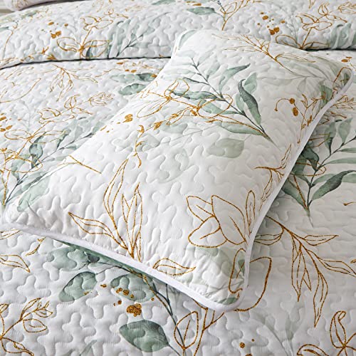 Floral Quilt King Size,Green Botanical King Quilt 3 Pieces,Reversible Soft King Quilt Bedding Set For All-Season(104"X90") #TOP5