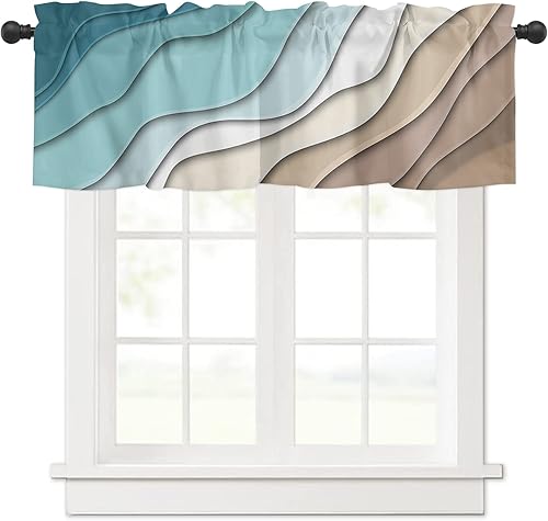 Cortina de cenefa color turquesa degradado para ventanas Kithchen, verde azulado y marrón, degradado, moderno, abstracto, geométrico, cenefas con
