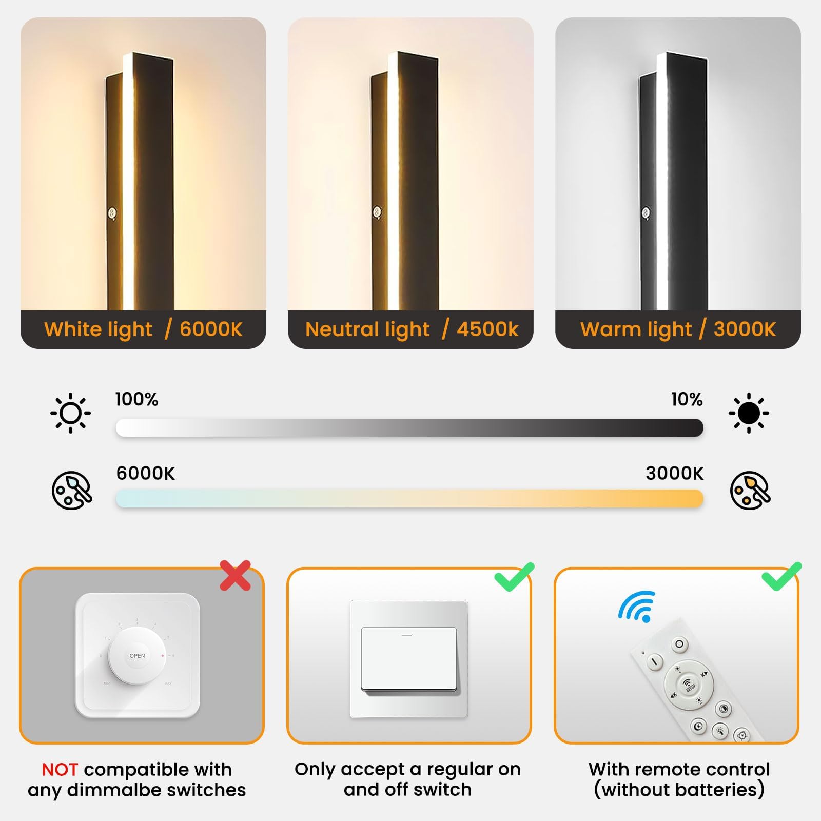 Mikeru 150CM Dimmable Outdoor Long Wall Sconce, LED Outdoor Lights with Mains Power Wall Lighting Fixtures with Memory Function Tricolor Light 3000k/4500k/6000k for Staircase, Garden, Dining Room - 3