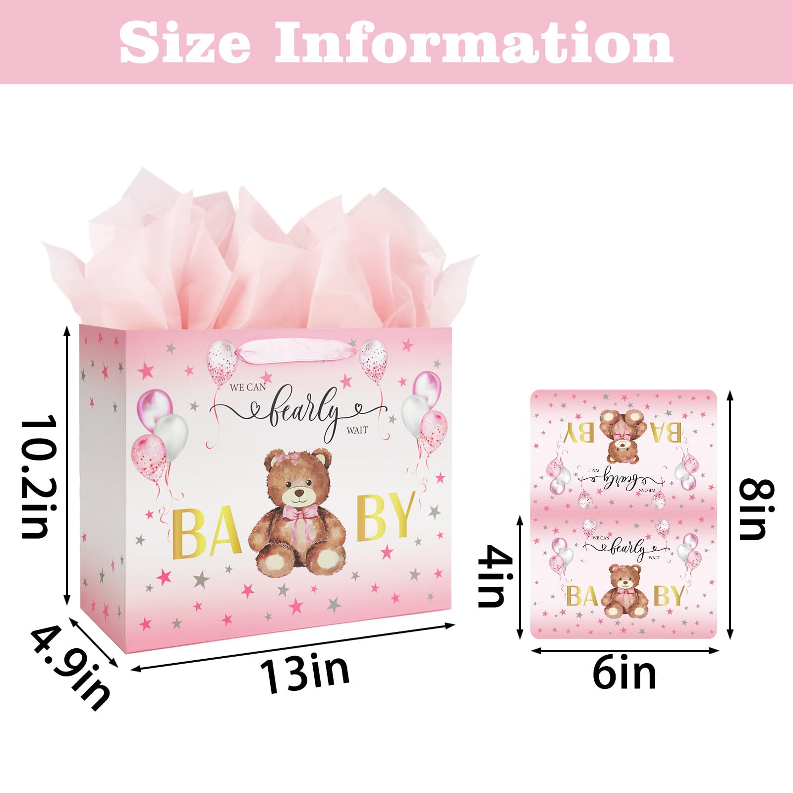 Laidans 13" Baby Shower Birthday Gift Bag for Girl with Tissue Papers and Card Pink Balloons Bear Design with Handles (Pink)