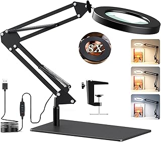 8X Magnifying LED Desk Lamp with Base & Clamp,Dimmable Magnifying Glass,3 Color Modes,10 Adjustable Brightness 2-in-1Magnifying Glass with Light and Stand,Adjustable Swivel Arm Lamp Craft Light