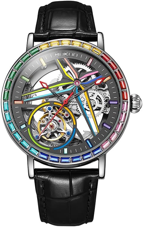 Luxury Self-Winding Automatic Mechanical Watches for Men, Rainbow Crystal Bezel, Skeleton Dial, Stainless Steel and Leather Band, Silver
