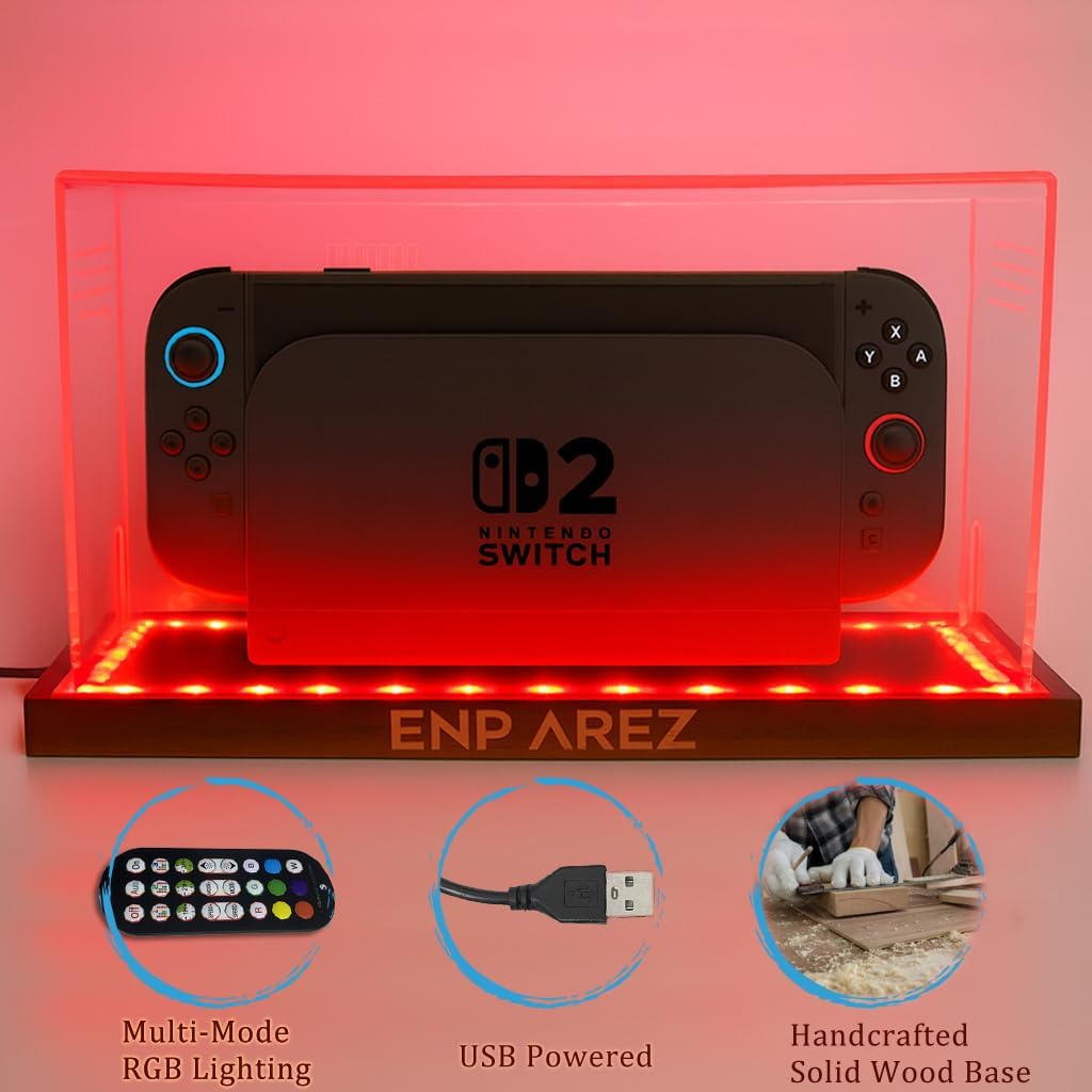 Universal Dust Cover for Nintendo Switch & Switch 2 Dock Mode – Anti-Dust, Anti-Scratch, Breathable Acrylic Protector w/RGB LED Light Base for Gaming Room Decor, Cool Switch 2 Accessories for Gamers