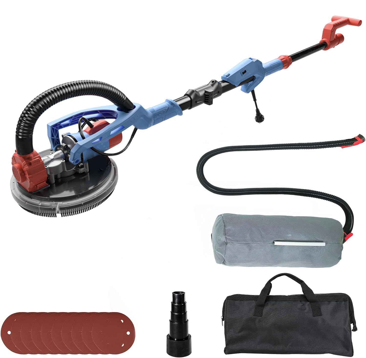 FANZTOOL Trockenbauschleifer 750W mit Integriertem Staubsauger, Ø 225 mm, bis 120° Neigbarer Schleifkopf,1,9m Teleskopierbar,Wand & Deckenschleifer inkl. 12 Schleifscheiben & LED-Arbeitsleuchte