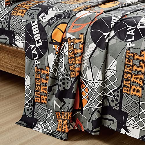 Chezmoi Collection 4-Piece Kids/Teens Basketball Sheet Set - Soft Microfiber Gray Orange Black Printed Sports Basketball Slam Dunk Fun Kids Sheets, Full Size #TOP3