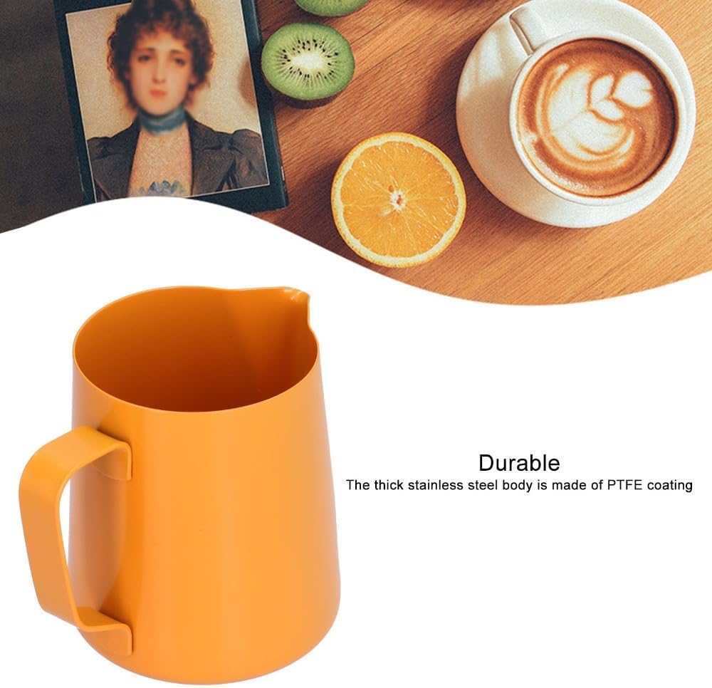 400ml PTFE Coated Milk Frothing Pitcher Leak-Proof Spout Design Stainless Steel Espresso Steaming Jug for Latte Art(Orange)