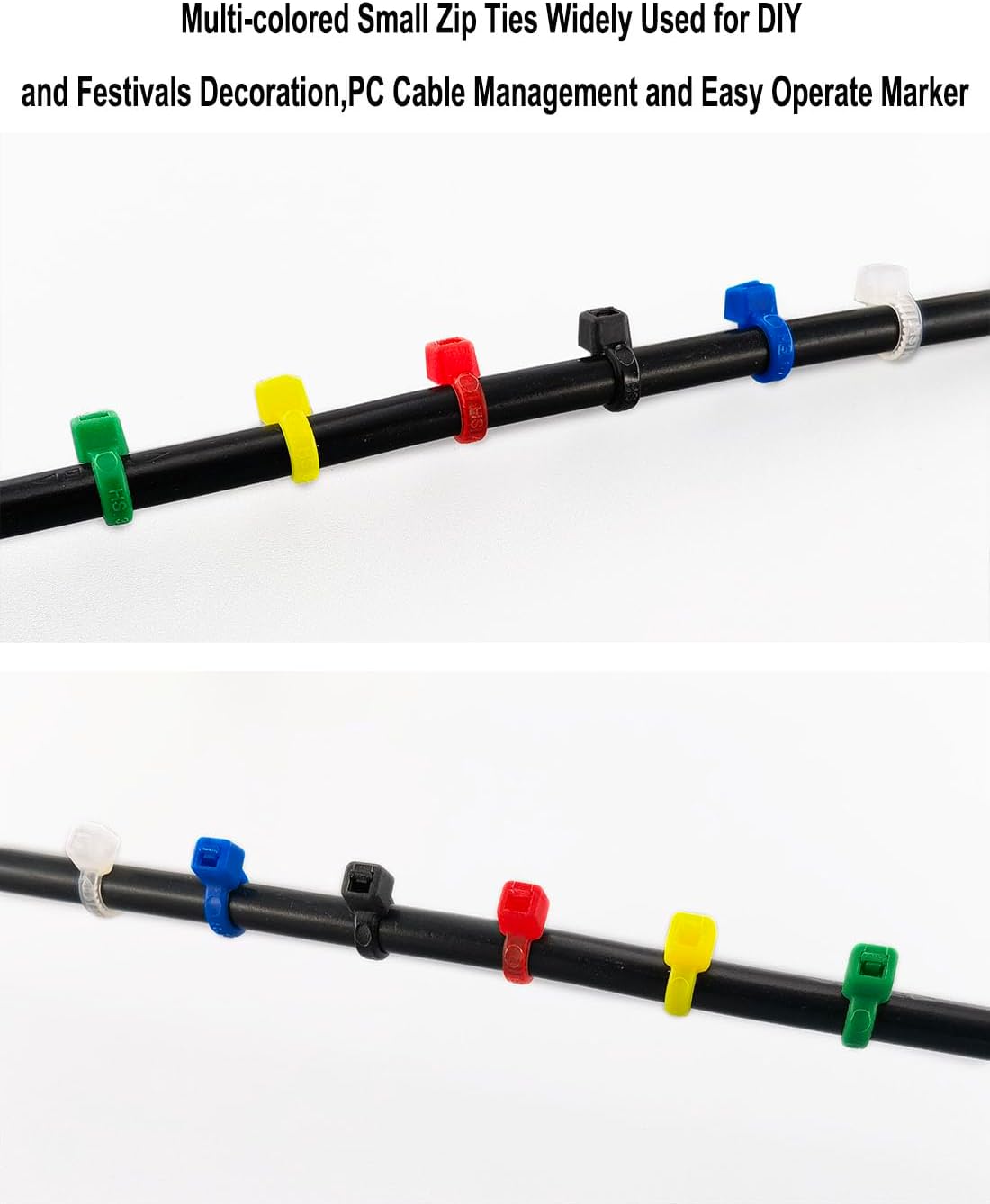 Multi-colored small zip ties used to secure cables, demonstrating their application for DIY and decoration.