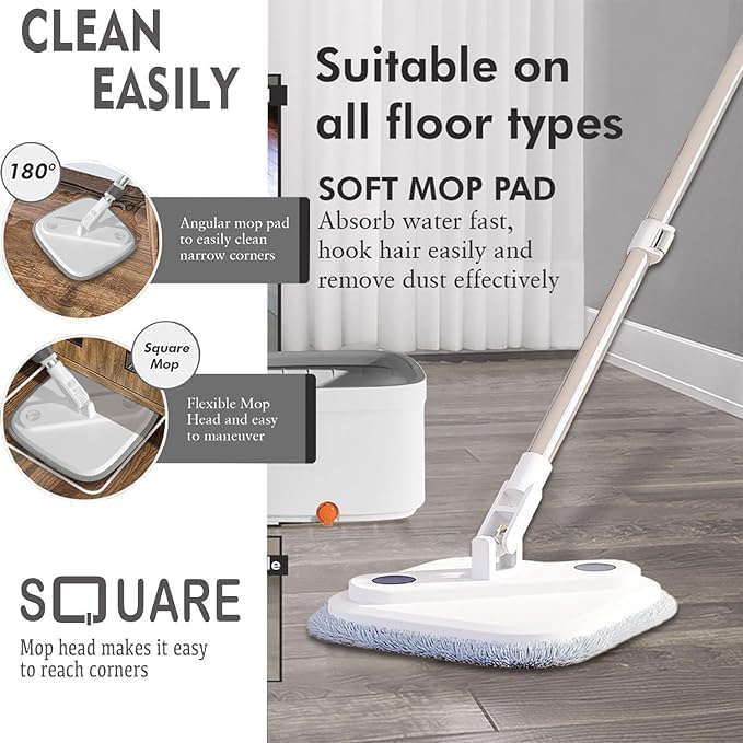 PIKFOS M16 Spin Mop and Bucket Set with Self Separation M16 Dirty and Clean Water System Self Wringing 360° Rotating Square Mop-Head for Hardwood Tile Marble Floors || 2 Pads 3