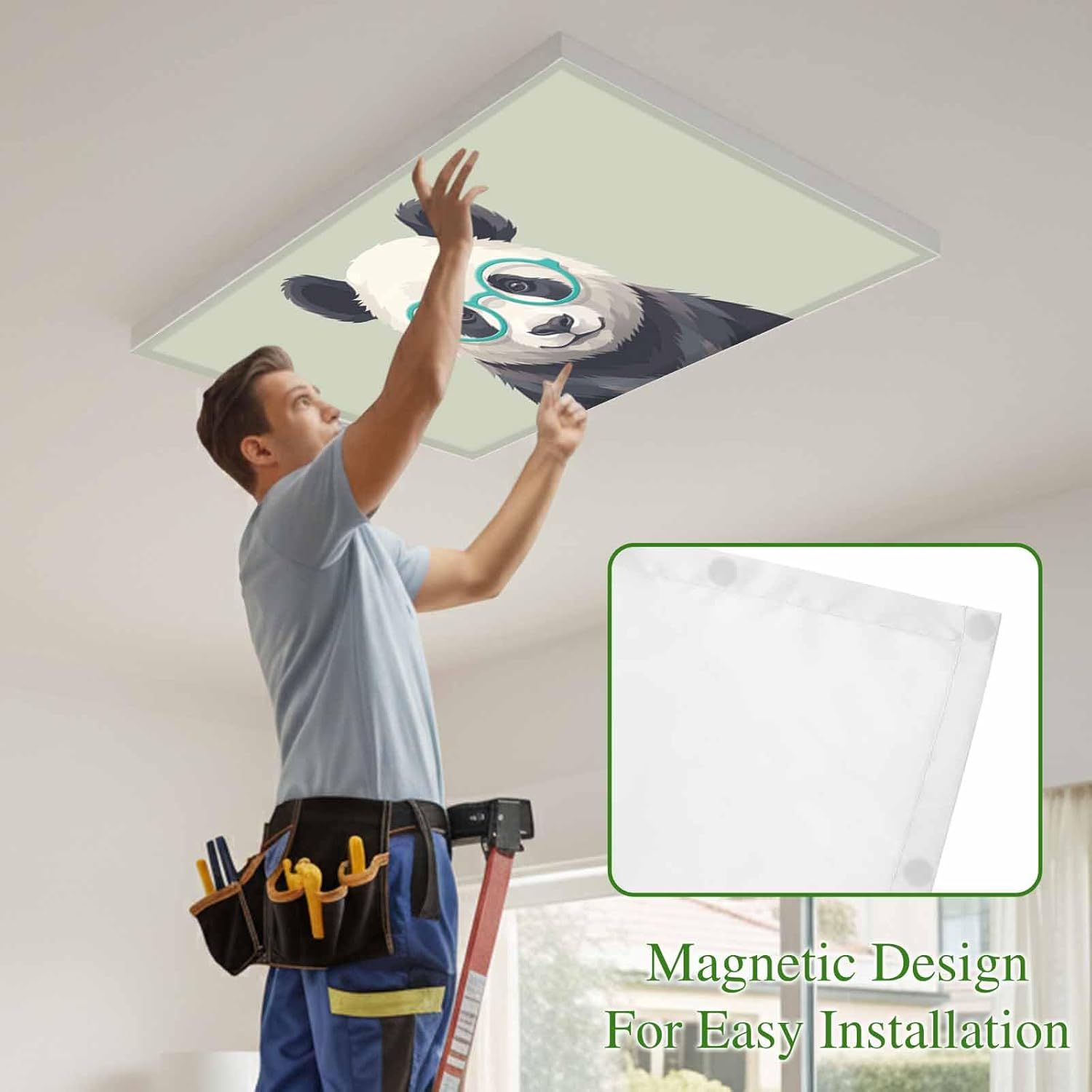 Sage Green Cute Panda Fluorescent Light Covers for Ceiling Lights 4x2 feet,4 Pack Magnetic Light Filters for Classroom,Funny Animals Modern Art Fluorescent Lamp Shade Panel for Office School Drop Home