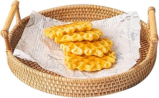 Round Rattan Serving Tray, 11inch Bread Serving Basket Handcrafted Wicker Tray Platter with Handles for Cracker Dinner Parties Coffee Table