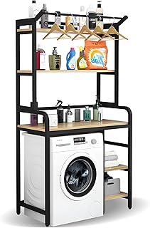 5-Tier Over Washer Dryer Shelf - Laundry Room Organizer with Hanger Rod, Freestanding Drying Rack for Apartments, Metal & Wood Storage Shelves, Black Frame - Light Walnut - 43.3in Roller type