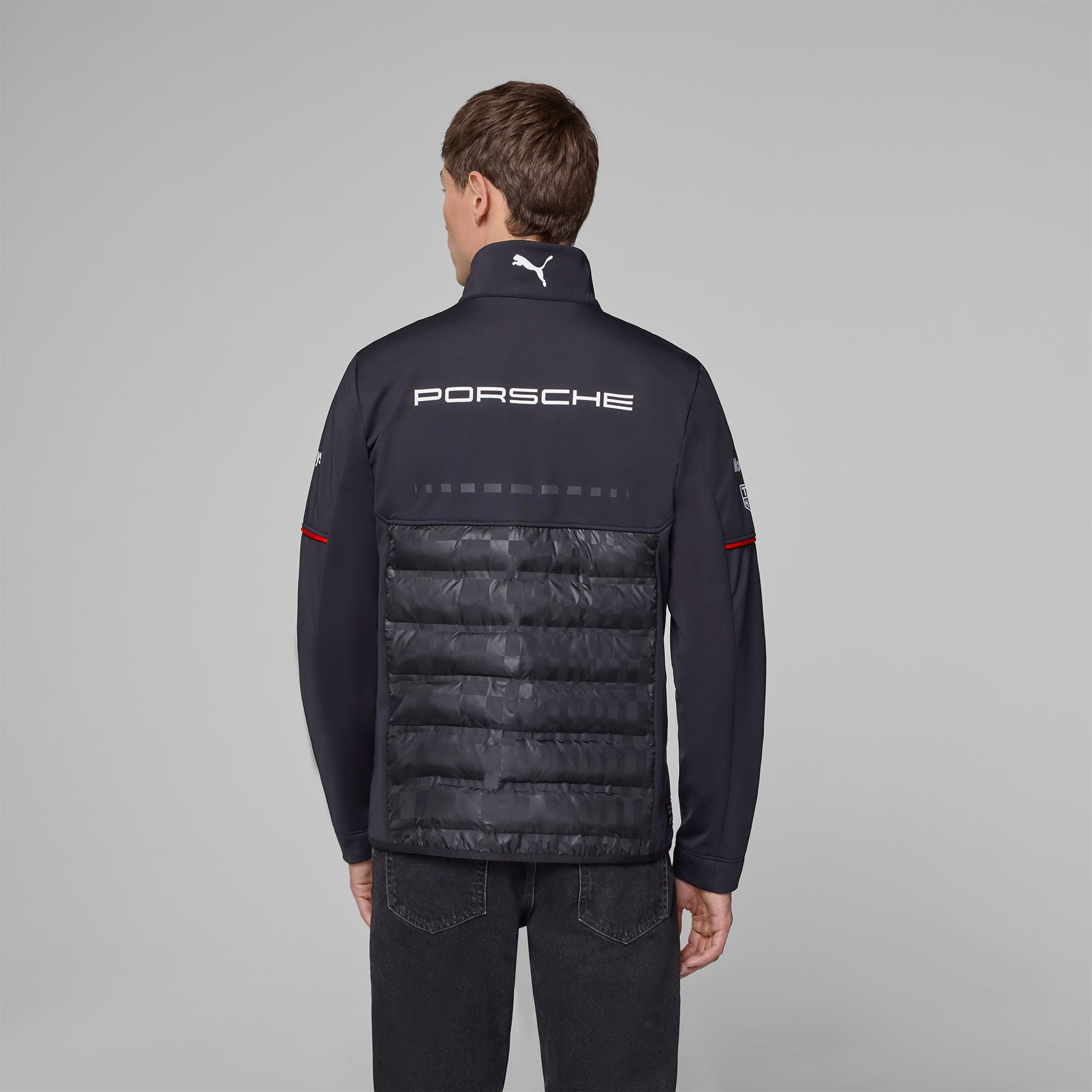 PUMA Porsche Motorsport męska kurtka hybrydowa Team z tkaną cholewką i wyściełaną dolną częścią dla najwyższego komfortu - czarna
