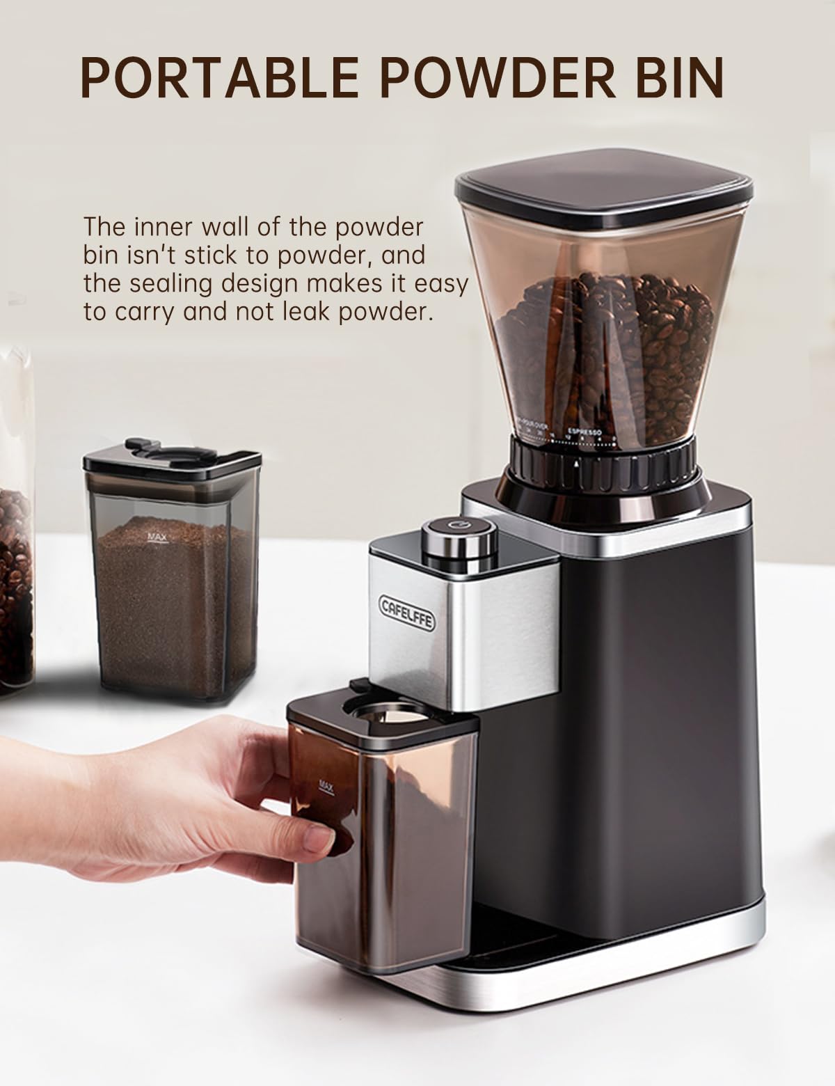 CAFELFFE Macinacaffè elettrico per portafiltro e contenitore, 48 livelli di macinazione regolabili con funzione antistatica per espresso, caffè filtro, Pour Over, Cold Brew e French Coffee – ideale