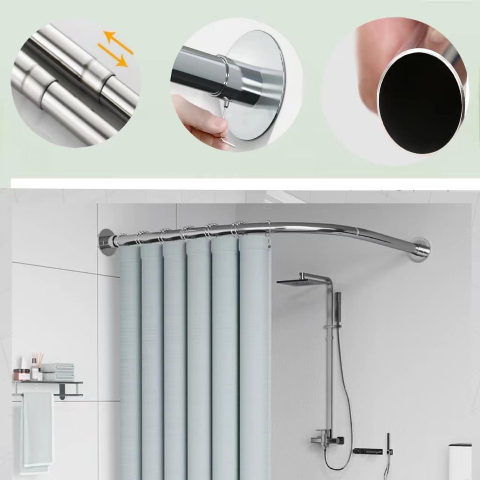 Asta per tenda da doccia senza foratura, a forma di L, regolabile, in acciaio inox, staffa per tenda da doccia, adatta per spogliatoio del bagno (75-95x75-95 cm)