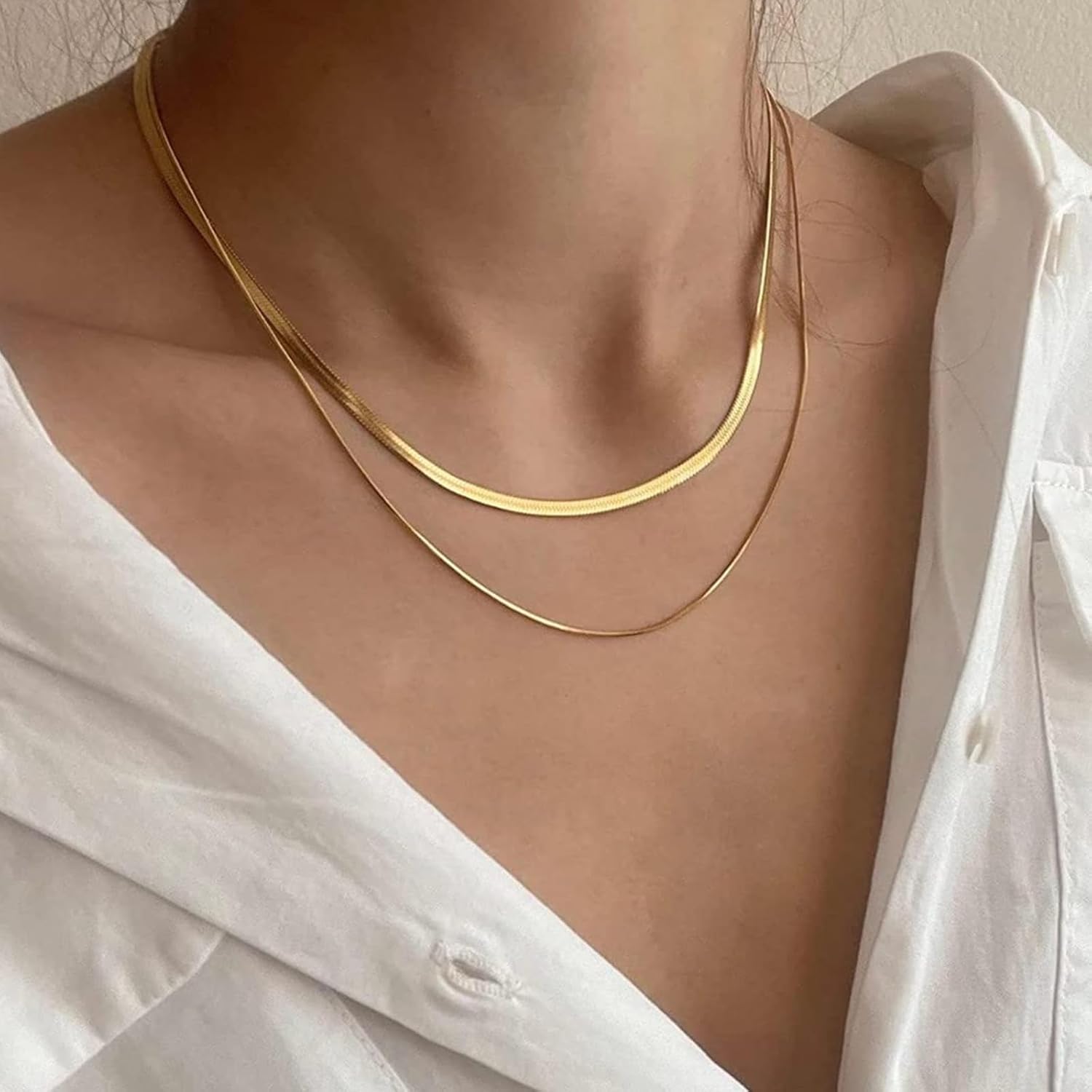 ​​14K Gold Plated Dainty Necklace for Women, Double Snake Chain & Herringbone Layered Necklace, Hypoallergenic Brass Jewelry 16"+2"​​ - Image 5