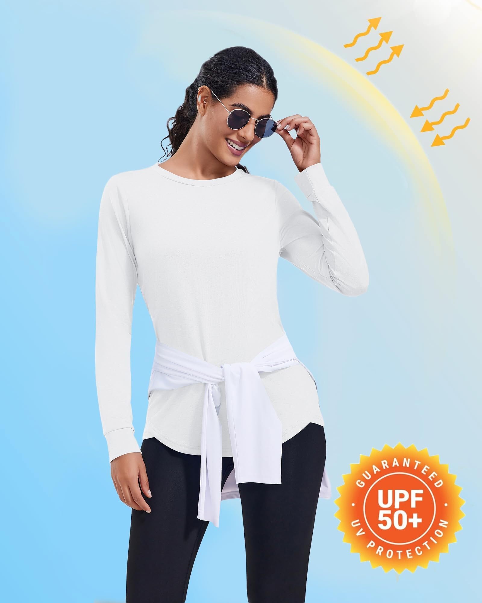 Vantor Damskie koszulki na siłownię T-shirt sportowy z długim rękawem UPF 50+ Ochrona UV Top do jogi do biegania Topy z okrągłym dekoltem Luźny krój do ćwiczeń