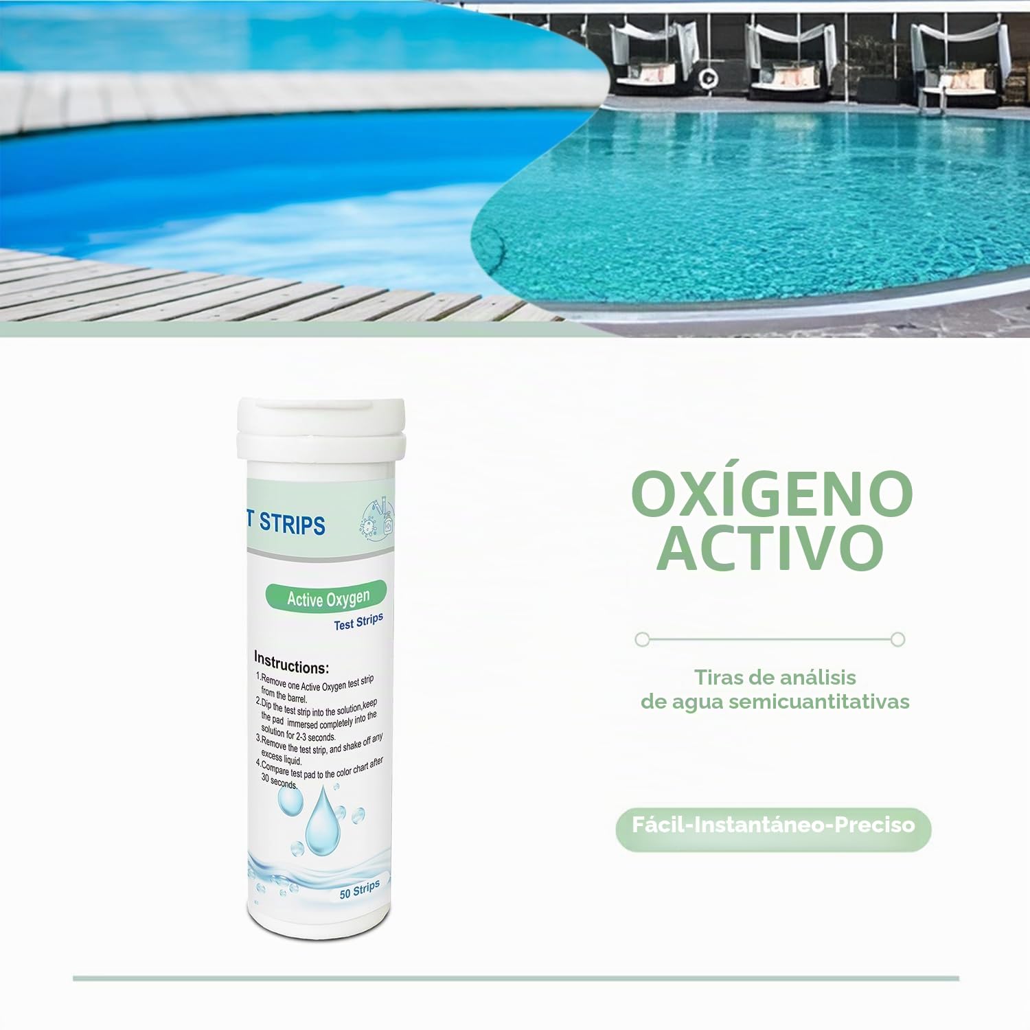 Tiras de Prueba de Oxígeno Activo para Piscina y Spa – 50 Unidades, 0–25 mg/L, Análisis Rápido y Preciso de Ozono, Sin Cloro, Resultado en 30s